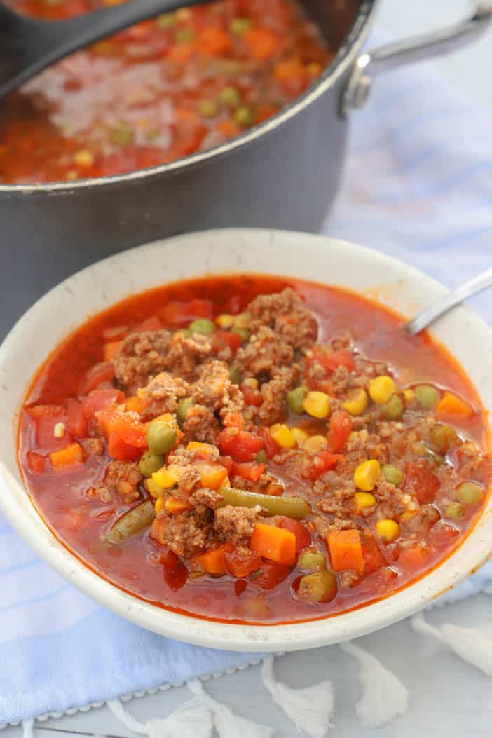 Vegetable Beef Soup in a white bowl