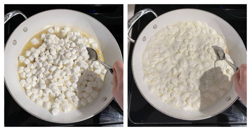 melting marshmallows with butter in a pan.