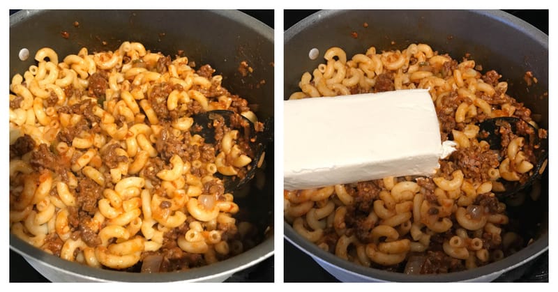 taco mac casserole in pan with cream cheese added