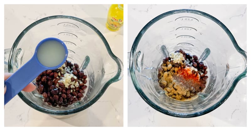 adding ingredients to the blender for black bean hummus