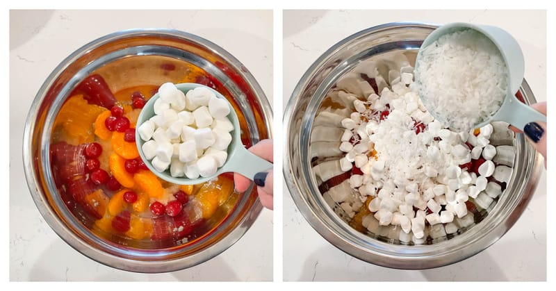 adding marshmallows and coconut to the fruit