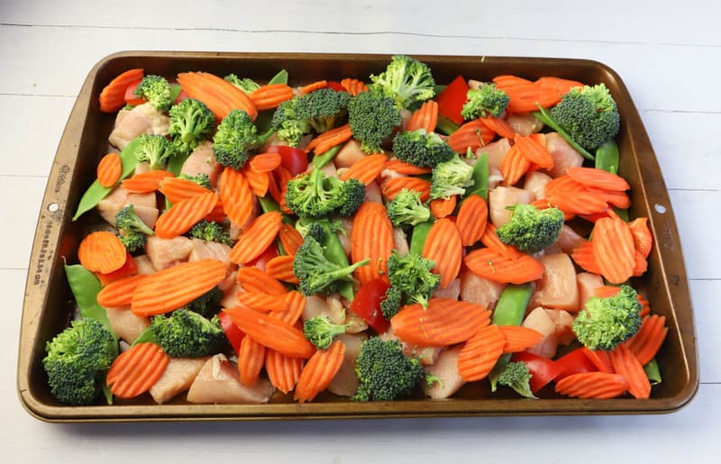 veggies and chicken on sheet pan before baking