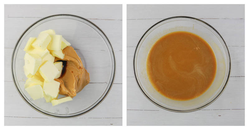 butter and peanut butter being melted in clear bowl