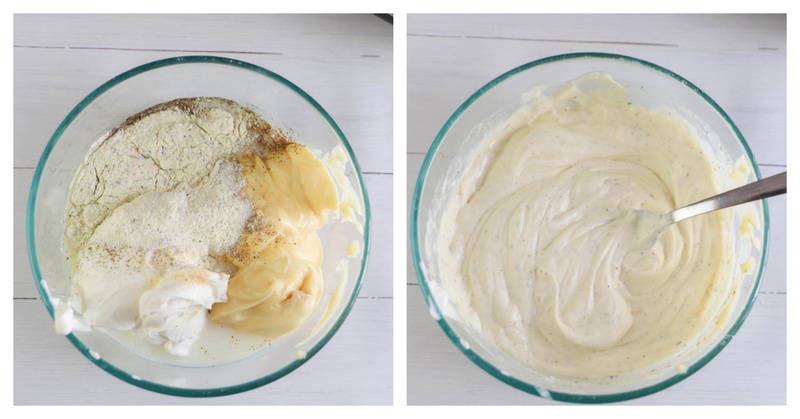 mixing ingredients in a clear bowl