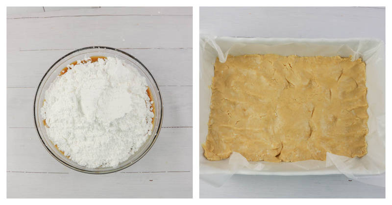 adding sugar and placing fudge into the pan