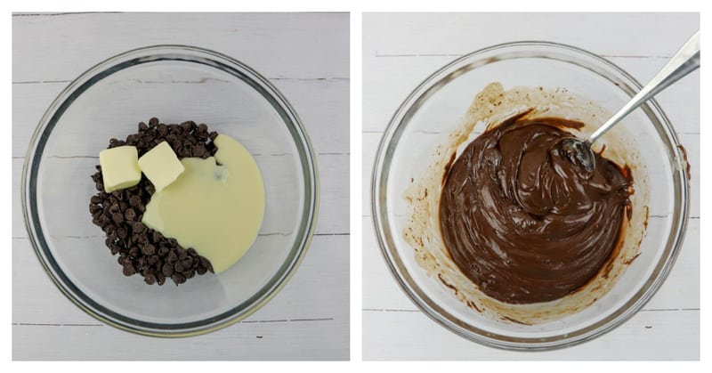 melting chocolate in a clear bowl for top layer of fudge