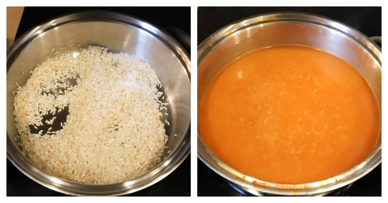 rice and sauce in a pan