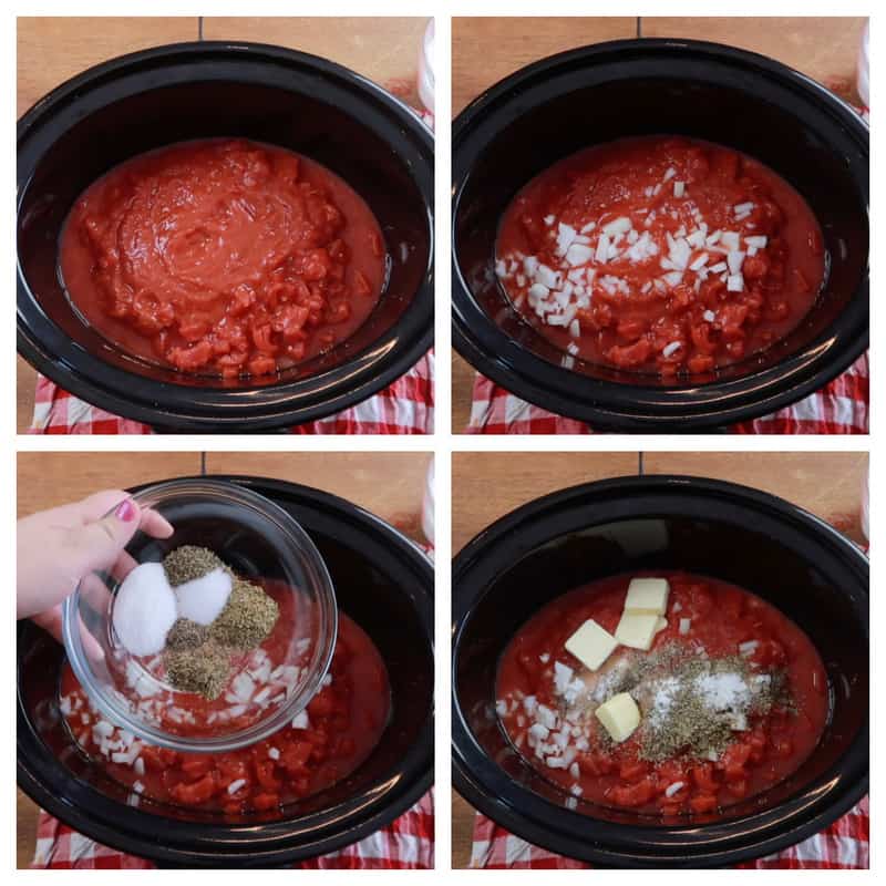 adding ingredients for tomato soup to the slow cooker