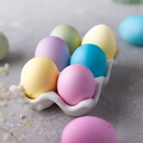 Dyed eggs in a egg carton