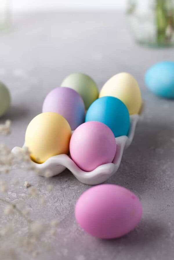 Dyed eggs in a egg carton