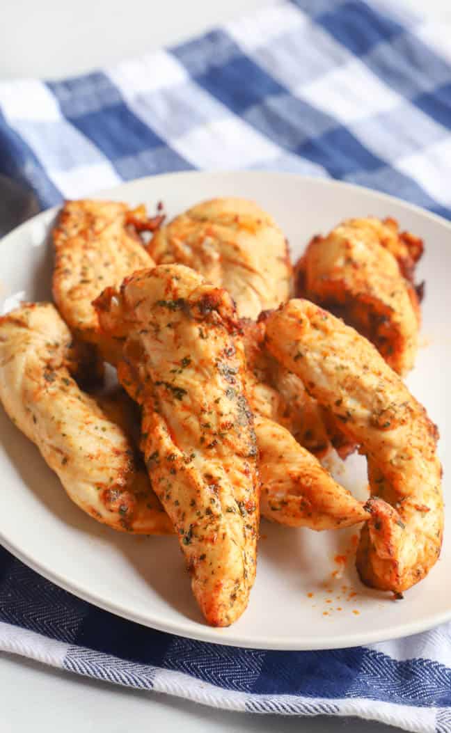 Air Fryer Chicken Tenderloins with a blue napkin