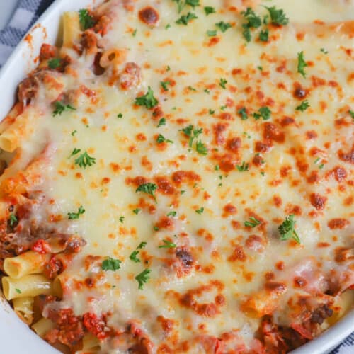 Baked Ziti in a casserole dish