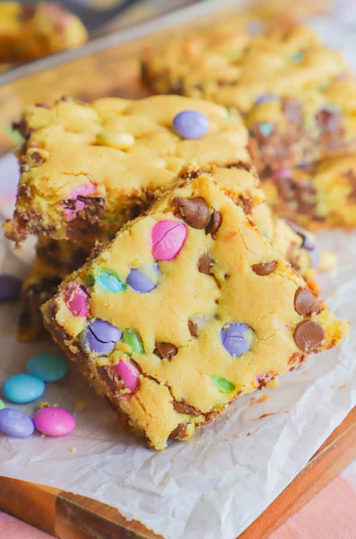 easter cookie bars on a wooden cutting board