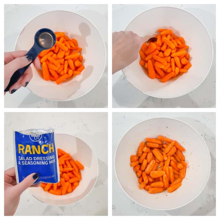 Carrots being prepped for roasting collage with oil and seasoning.