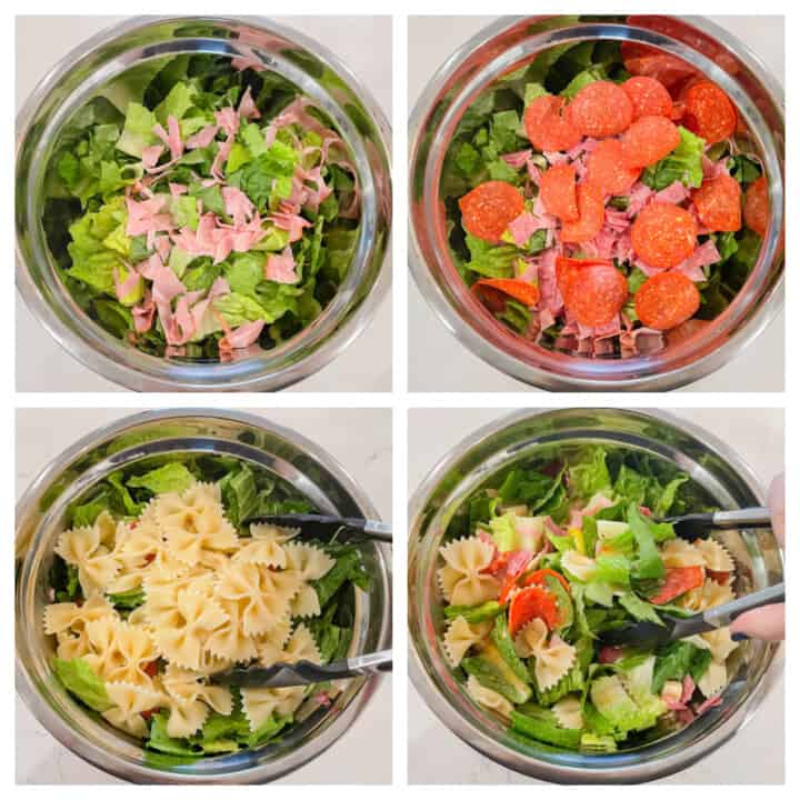 4 step collage of making the Italian Pasta salad.