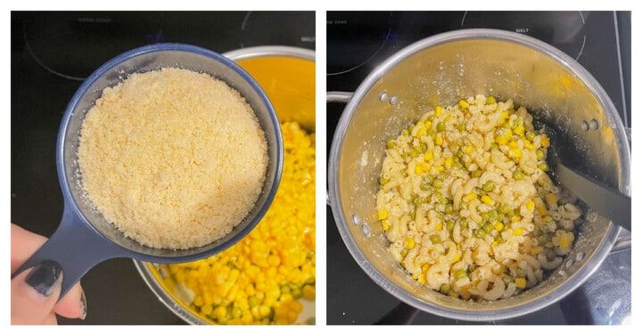 mixing ingredients in a bowl for butter parmesan noodles