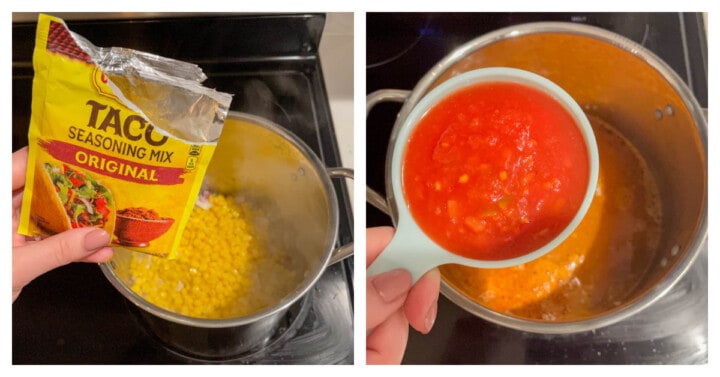 Adding taco seasoning and salsa to soup