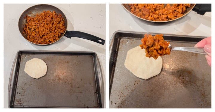 adding ground turkey mix to the biscuit to make baked sloppy joe