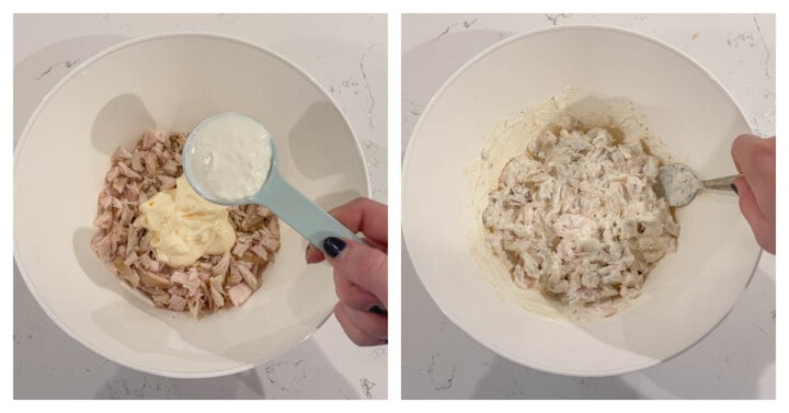 Chicken and mayo and sour cream being mixed together in white bowl