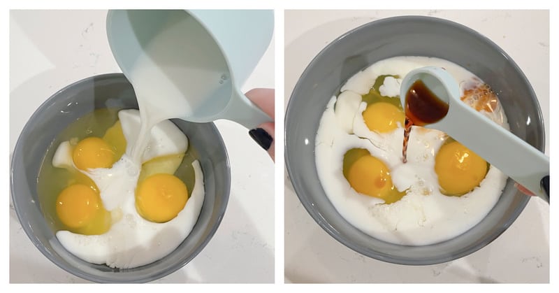 Eggs, milk and vanilla being mixed together in shallow bowl.