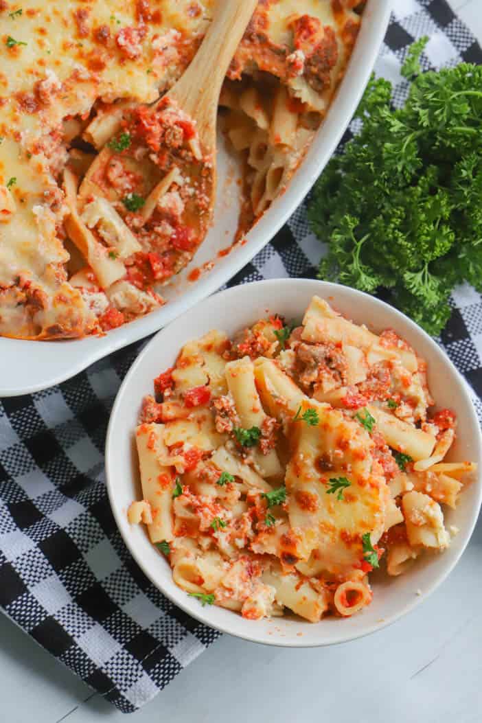 Baked Ziti in a bowl with parsley