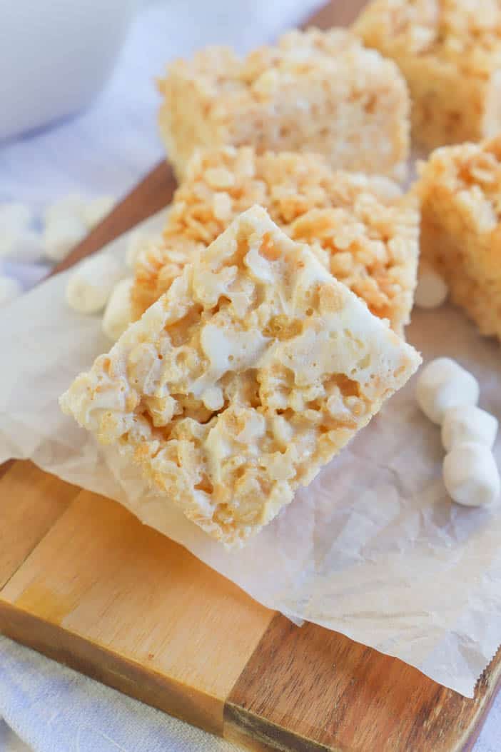 Rice Krispies on a wooden cutting board