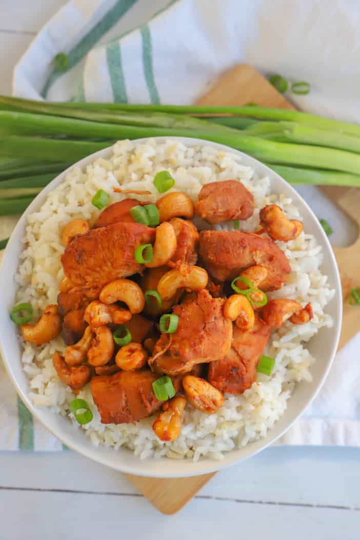 top view of Slow Cooker Cashew Chicken with green onions