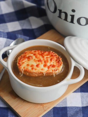 Slow Cooker Onion Soup in a white bowl