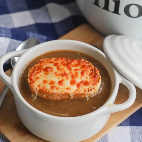 Slow Cooker Onion Soup in a white bowl