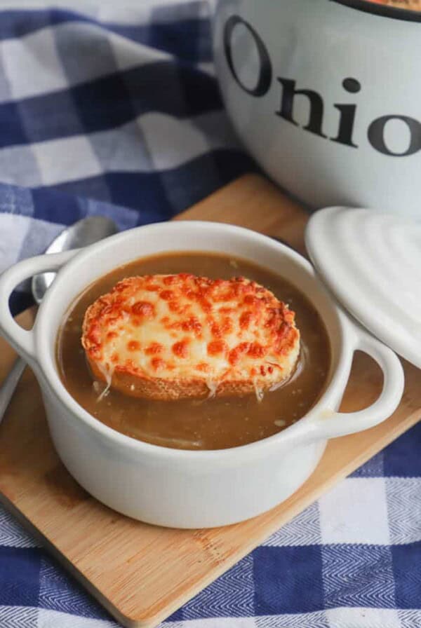 Slow Cooker Onion Soup in a white bowl