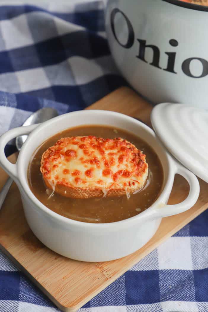 Slow Cooker Onion Soup in a white bowl