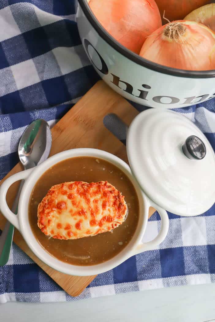 top view of soup in white small bowl