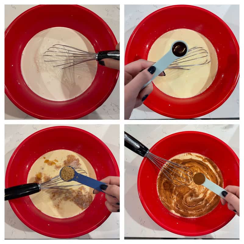 adding ingredients to a red bowl