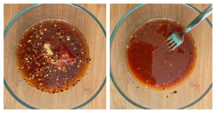 mixing sauce in a clear bowl