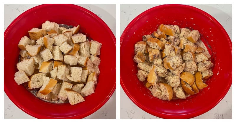 adding bread to the mixing bowl