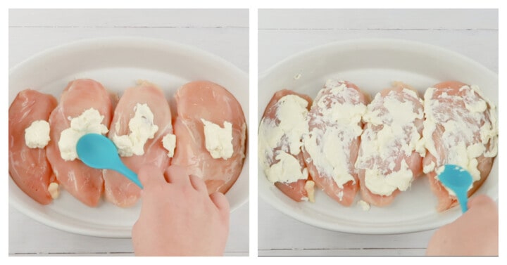 spreading cream cheese on chicken breasts