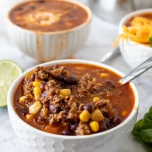 taco soup in a white bowl
