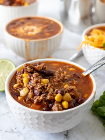 taco soup in a white bowl
