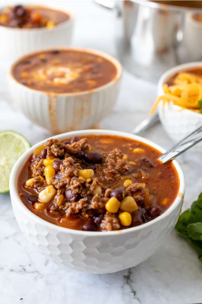 taco soup in a white bowl.