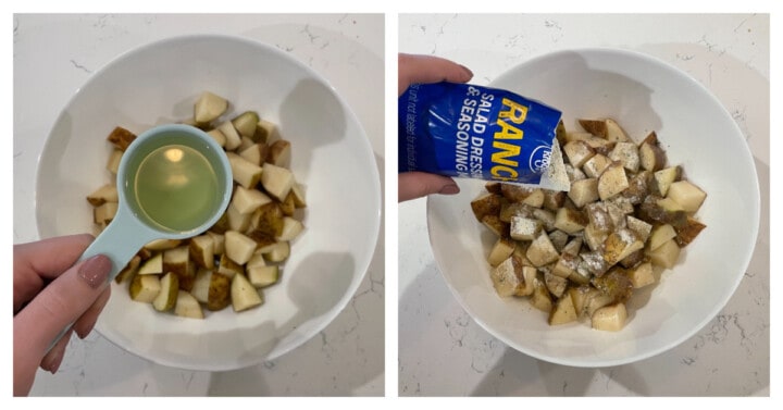 diced potatoes in white bowl while adding oil and ranch seasoning