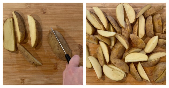 cutting potatoes into wedges on wooden board.