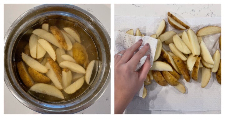 soaking potatoes in water then patting dry,