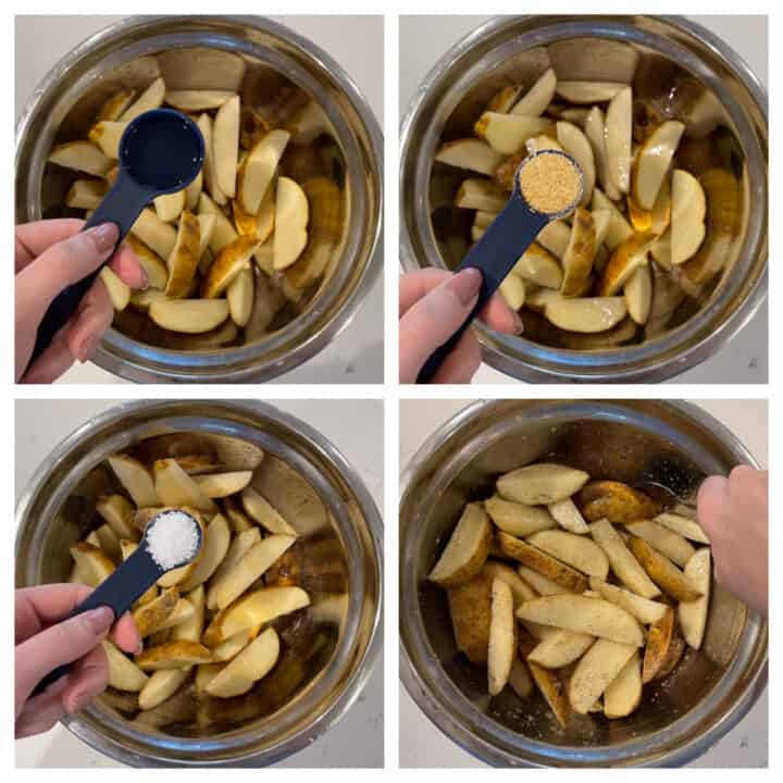 adding oil and seasoning to potatoes in metal bowl.