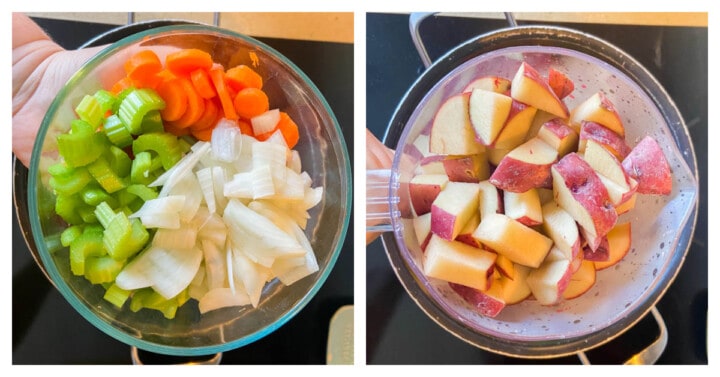 adding veggies to a large pot