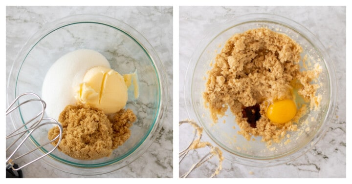 adding dry ingredients to clear mixing bowl