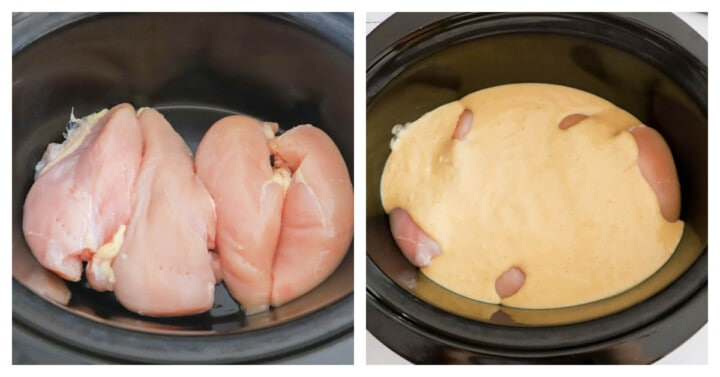 adding chicken to the slow cooker