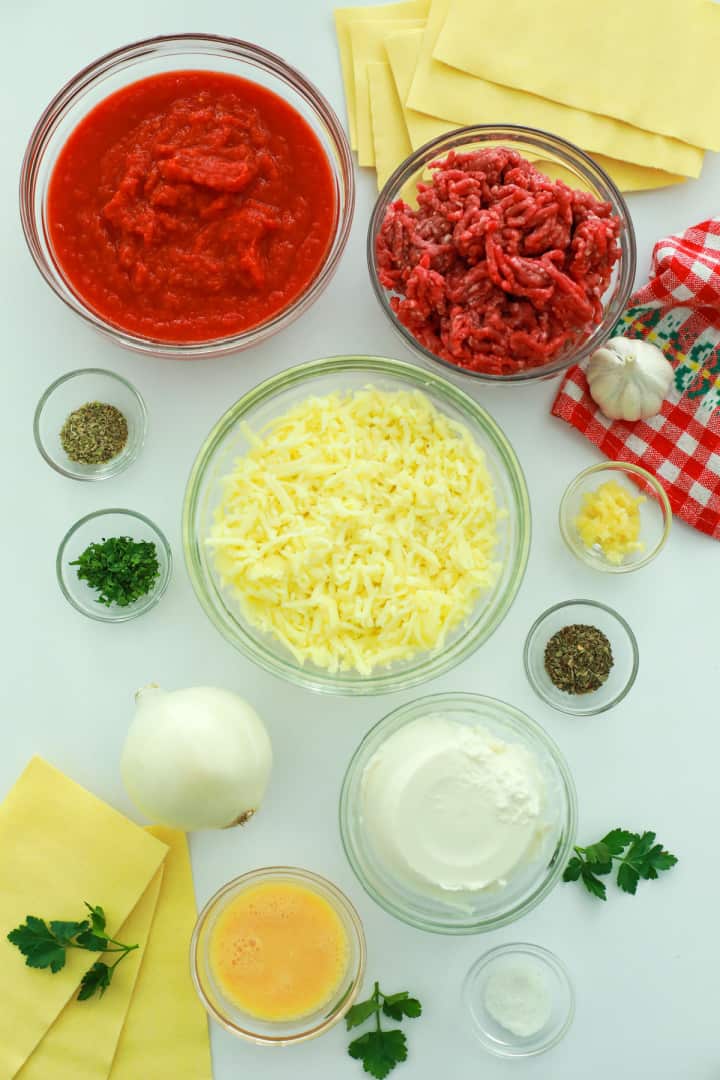 all ingredients for Lasagna on a white table