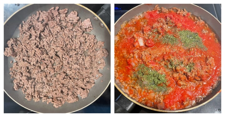 ground beef in skillet and adding ingredients.