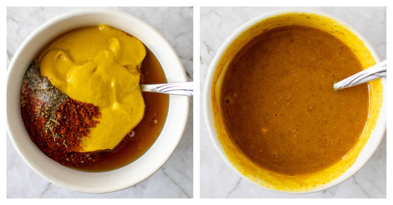 mixing honey mustard sauce in a white bowl