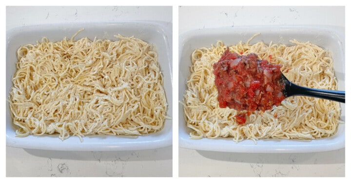 noodles in white casserole dish with the sauce being scooped on top.